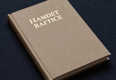 Photography of an elegant, hardcover literary journal with gold foil lettering on the cover, resting on a dark navy textile background with warm, professional lighting.