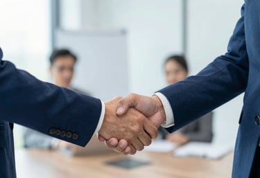 Two business professionals shaking hands in a bright, modern office, reflecting trust and successful partnership. Palette includes #1B3A5C and #E0F2F7.