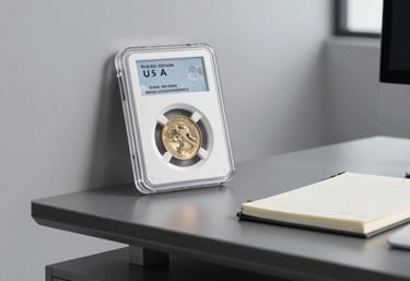 A modern, clean office interior with light gray walls and a charcoal desk. On the desk sits a professional coin grading slab and a clean notebook, representing modern professionalism.