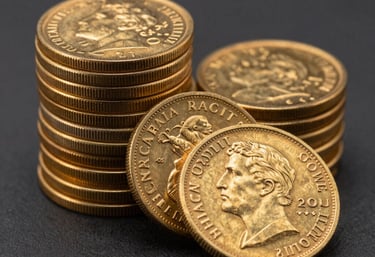 A professional photograph of a stack of pristine, rare gold coins from the early 20th century. The lighting is elegant and focused, highlighting the metallic sheen and fine details against a charcoal background. North American / US context.