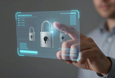 A close-up of a person's hand interacting with a holographic interface showing security locks and data streams, emphasizing data protection.
