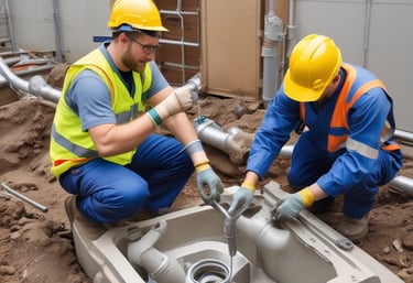 Team of skilled workers installing sanitary pipes in a modern building.