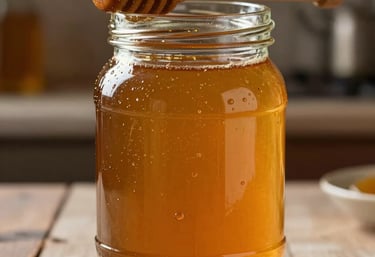 A large 500ml jar of pure mountain honey with a wooden dipper resting on the rim, deep golden amber color, Southeastern European / Albanian rustic kitchen setting.