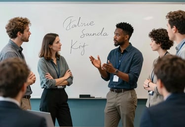 A group of diverse entrepreneurs in a professional workshop setting in Canada, engaging in a lively discussion around a whiteboard. The aesthetic is clean and modern with slate and teal accents.
