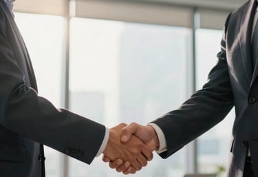A high-quality photography shot of two professionals in a North American office shaking hands, with a warm sunlit glow in the background, representing a successful partnership.