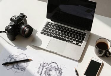 A top-down view of a professional designer's desk with a laptop, camera, and sketches, bathed in early morning Dubai sunlight.