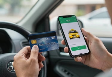 A close-up of a hand holding a credit card next to a smartphone showing a confirmed payment for a taxi ride. Background is the interior of a clean car in a Latinoamericano / Hispano setting. Trustworthy and professional mood.