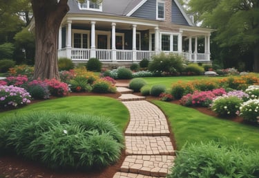 Picture of a landscaped garden with fresh plants and wooden deck.
