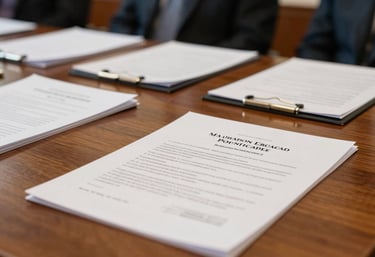 A close-up photograph of a formal North American meeting room setting, with polished wood and professional documents, symbolizing policy advocacy and institutional engagement.