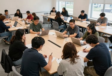 A high-angle photo of a community center workshop in Canada, showcasing a group of people focused on collaborative learning in a clean, professional, and empathetic environment.