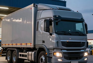 A professional commercial truck being loaded at a modern South American distribution terminal during twilight, with crisp slate grey and navy blue lighting.