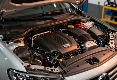 The clean and organized engine bay of a modern vehicle inside a South American / Brazilian repair shop, illuminated by sharp studio lighting with orange glow.