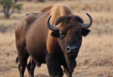 A healthy buffalo grazing peacefully in a green pasture under a clear sky.