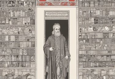 a man in a long robe standing in front of a bookcase