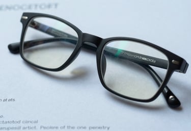 A close-up of a pair of reading glasses resting on a clear, simple contract with large legible text, soft light blue tones in the background, professional and clean aesthetic.