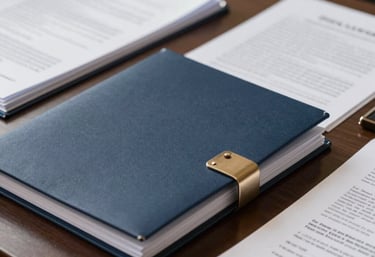 Professional lawyer consulting a client in a modern office with navy blue and gold accents.