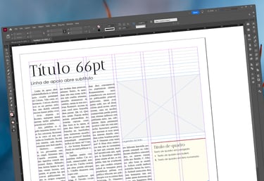 Adobe InDesign software interface showing a magazine page layout with text columns and image placeholders.