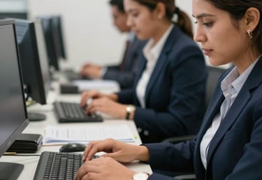 A warm office scene showing a small team of professionals collaborating over financial documents.