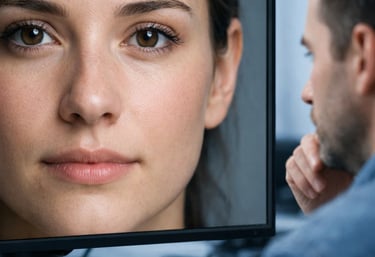 A man looking at a high-resolution screen showing a detailed close-up of a woman's face.