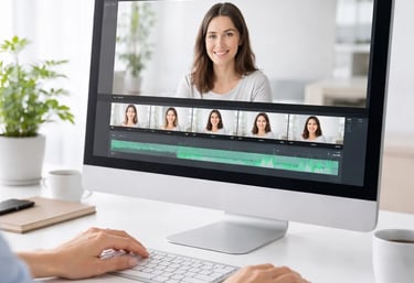 Professional video editing software on a desktop monitor showing a timeline and woman's vlog footage.