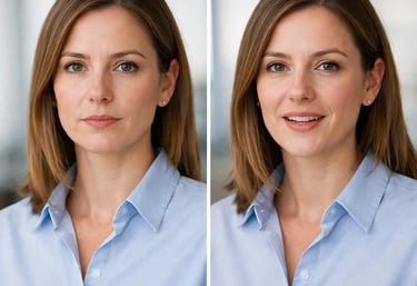 Professional woman in a blue button-down shirt shown in a side-by-side video player interface.