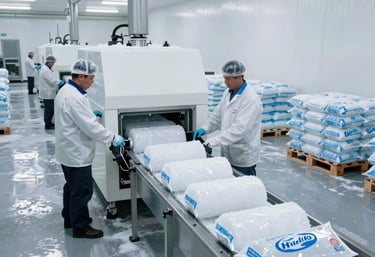 Photo of a delivery truck loaded with bags of ice in front of the Hielito production facility on a clear day.
