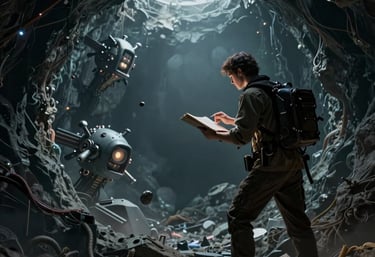 A sleek, futuristic office space bathed in soft light blue hues, with robotic arms visible through glass walls.