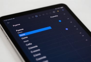 Close-up of a high-resolution tablet screen showing a clean, modern dashboard with dark navy and sky blue data points, soft studio lighting.