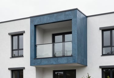 An architectural exterior photograph of a contemporary residential property with clean lines and muted steel blue accents against white walls.