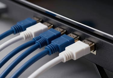 Macro shot of organized HDMI and power cables at the back of a slim television, neat and professional cable management, Deep Blue and Soft White tech aesthetic.