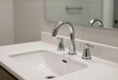 A sparkling clean, modern residential bathroom in Orlando, Florida, showcasing perfectly installed faucets and fixtures in a high-end home.