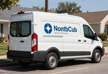 A modern mobile service van parked on a sunny North American suburban street, professional branding visible on the side, conveying trust and reliability.