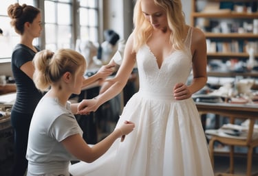 A close-up of hands sewing fabric with classic sewing tools on a wooden table.