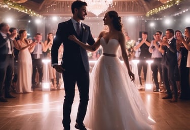 DJ spinning at a lively wedding reception with guests dancing joyfully under warm lighting.
