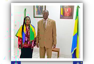 a man and woman standing in front of a flag