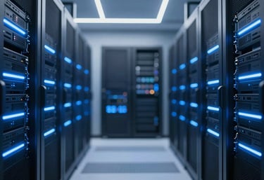 A sleek, high-tech server room with glowing blue LED strips, clean and symmetrical composition, representing technological engineering roles and modern efficiency.