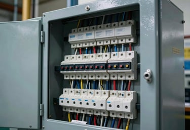 A photograph of a modern electrical panel and circuit layout in a North American / US facility, showcasing precision wiring and steel blue casing.