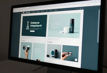 A close-up of a high-resolution designer monitor displaying modern brand guidelines and creative assets. Soft studio lighting, deep teal and pale mist colors.