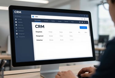 A sleek digital interface of a CRM system being used on a desktop computer in a bright, modern marketing office. Muted blue and dark navy interface elements.