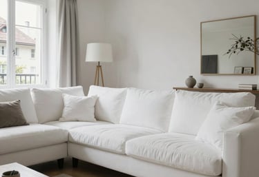 Un appartement Airbnb de luxe en Suisse, salon parfaitement rang9, linge de maison blanc frais, ambiance lumineuse et s9duisante, style contemporain.