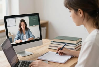 A friendly tutor and student engaged in an online English lesson.
