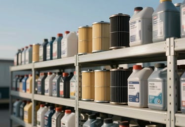 Photography of organized metal shelves holding new automotive filters and fluid containers, clean workshop environment, sky blue and off-white palette.