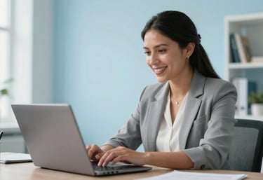 A Guatemalan professional in a professional setting, smiling while looking at a laptop screen in a bright, modern interior with light blue decor.