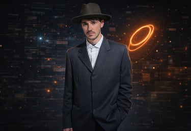 A man in a dark suit and fedora hat against a futuristic digital background with neon orange light rings.