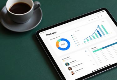 A top-down view of a professional tablet showing social media engagement charts, resting on a forest green tablecloth (#364536) next to a cup of espresso.