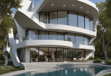 A modern custom-built home exterior with clean lines and landscaped garden.