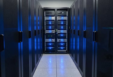 Internal view of a secure data room with rows of servers and networking equipment. Soft blue lights from the server racks reflecting on the floor, modern security hub aesthetic.