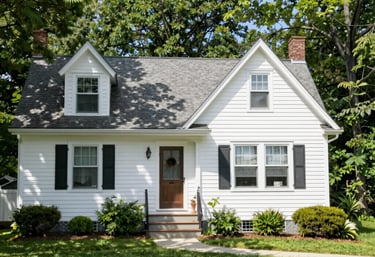 Charming white cottage house with dark shutters, a brown front door, and a well-maintained green lawn, surrounded by lush