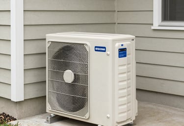 A light-colored Daikin mini-split heat pump outdoor unit with a prominent fan grille sits on a concrete pad next to a beige