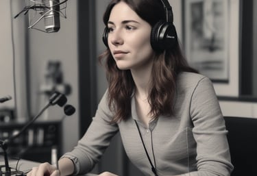A smiling person recording a video for business promotion in a bright, minimal studio.